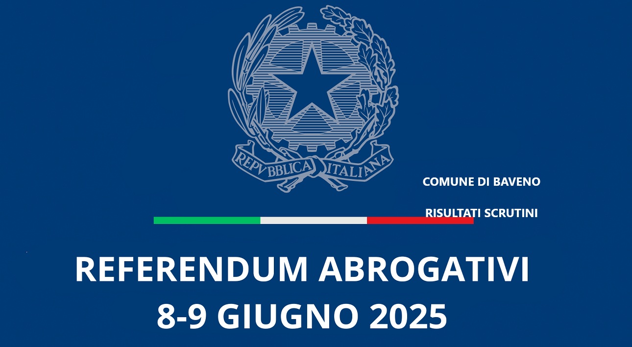 Stemma della Repubblica Italiana su sfondo blu e scritta "Referendum Abrogativi 8-9 giugno 2025" e "Comune di Baveno - risultati scrutini finali".